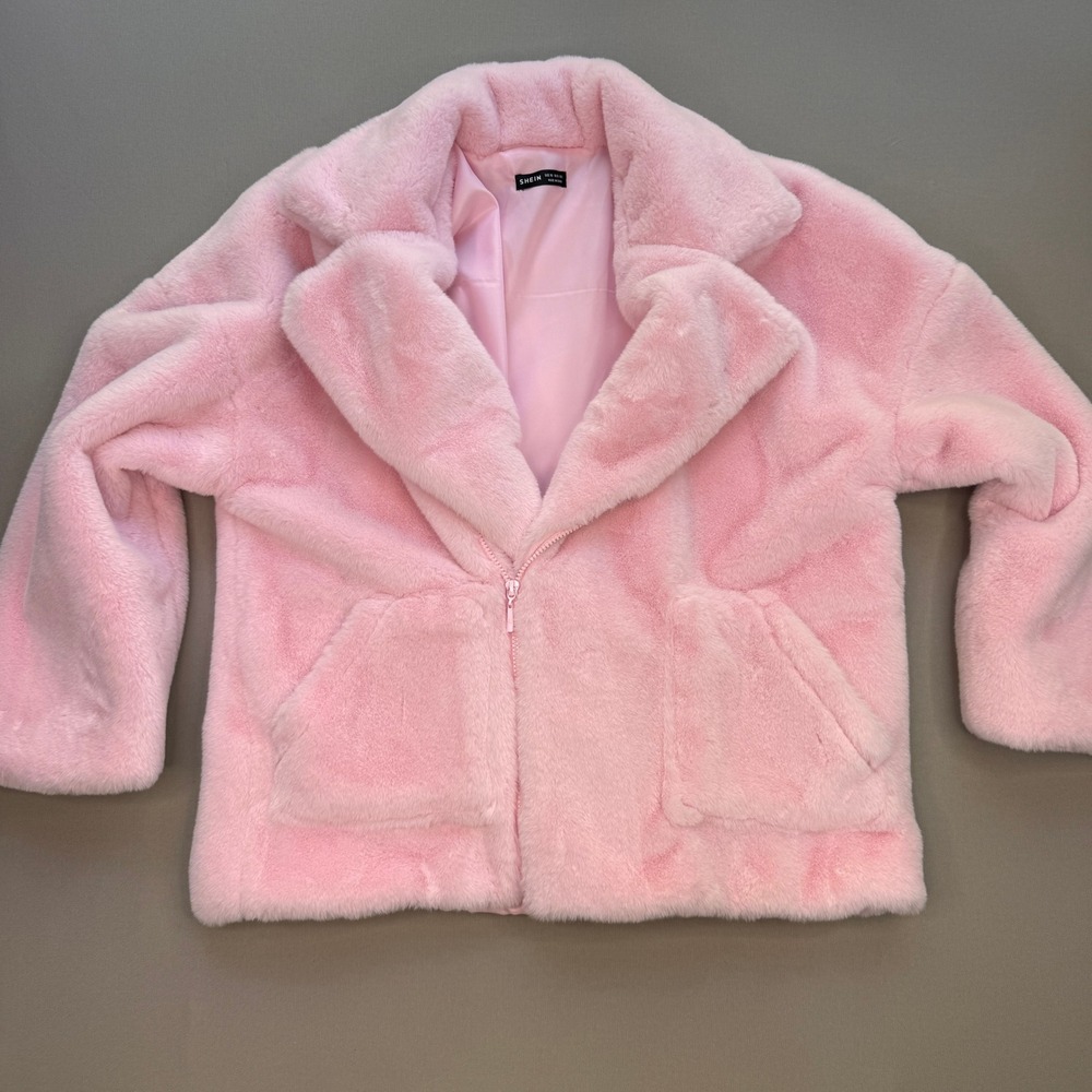 SHEIN Pink Faux Fur Jacket Oversized Zip Up Plush Coat XS